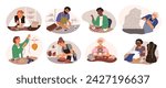Artists and artisans. Creative people make handmade crafts. Clay sculpt. Craftsmen draw and sew toys. Macrame weave. Clothing handiwork. Artistic profession and hobby