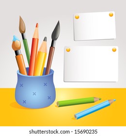 artist's blue pot with multiple paintbrushes and pencils, vector illustration