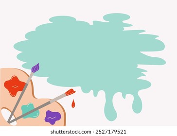 Artist's brush and palette. With paints for creativity, art. Paint drops, blot, colored background for text. Flat cartoon illustration suitable for landing web page, banner, flyer, sticker, postcard.