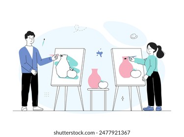 Artists with canvas. Man and girl in art class drawing vase. Education and training, development of creative skills. Art studio. Linear flat vector illustration isolated on white background