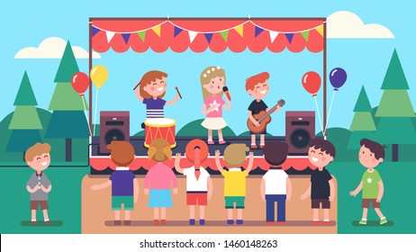 Artists children music band singing song, playing instruments on outdoor stage. Festival show concert in park. Audience crowd enjoying performance & listening to music. Flat vector illustration