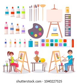 Artists and collection of art supplies icons isolated vector illustration on white background. Cartoon style boy and girl painting excitedly