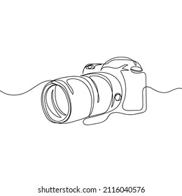 The Artists Continuous one simple single abstract line drawing of pro digital camera icon in silhouette on a white background. Linear stylized.