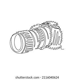 The Artists Continuous one simple single abstract line drawing of pro digital camera icon in silhouette on a white background. Linear stylized.
