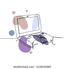 The Artists Continuous one simple single abstract line drawing of homework with laptop icon in silhouette on a white background. Linear stylized.