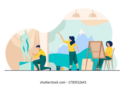 Künstler erstellen Kunstwerke flache Vektorgrafik. Kreative Figuren Malerei, Zeichnung und Bildhauerei in der Werkstatt. Studio, Grafikdesign und Kunstkonzept.
