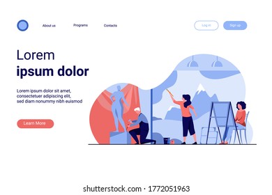 Artists creating artworks flat vector illustration. Creative characters painting, drawing and sculpting at workshop. Studio, graphic design and art concept.