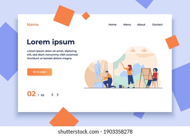 Artists creating artworks flat vector illustration. Creative characters painting, drawing and sculpting at workshop. Studio, graphic design and art concept.