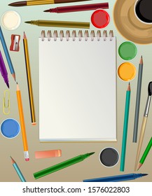 Artist's desk. Vector. Workspace of the artist. View from above. For banner, web page, poster, printing. Brushes, pencils, paints. Place for text. Isolated.