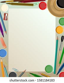 Artist's desk. Vector. Workspace of the artist. View from above. For banner, web page, poster, printing. Brushes, pencils, paints. Place for text. Isolated.