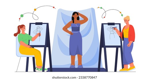 Artists draw model object. Women with pencils draw portrait of young girl. Art and creativity. Hand drawn sketch. People at workshop or creative studio. Cartoon flat vector illustration