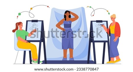 Artists draw model object. Women with pencils draw portrait of young girl. Art and creativity. Hand drawn sketch. People at workshop or creative studio. Cartoon flat vector illustration