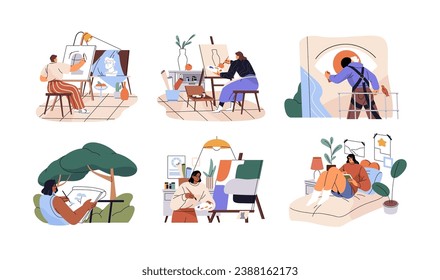 Artists drawing pictures set. Wall painter painting mural, graffiti. People create artwork on art class. Creators sketching outdoor, at home. Creative hobby flat isolated vector illustration on white