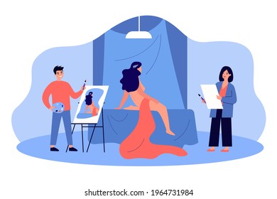 Artists drawing portrait of nude model. Painters having drawing classes in studio or school, creating pictures with oil and paintbrush. Vector flat illustration. Hobby, leisure activity concept