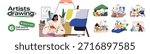 Artists drawing set. Art men and women are painting on easel. Painters create pictures on canvas, graffiti on walls and paint still life, views. Flat isolated vector illustrations on white background