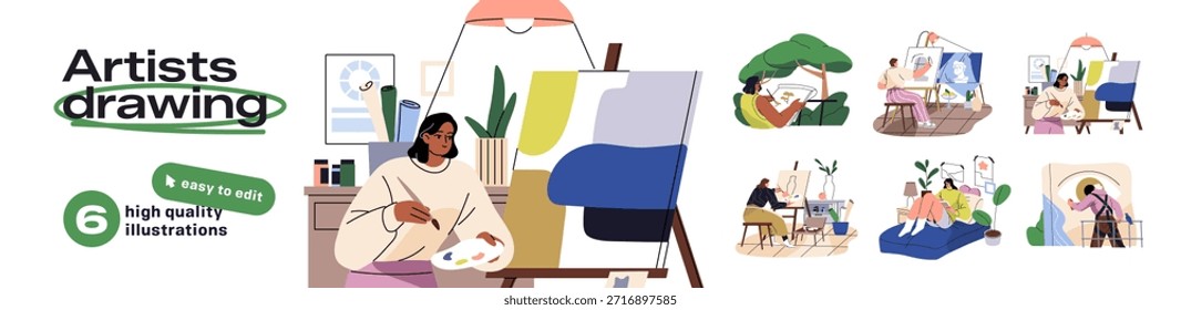Artists drawing set. Art men and women are painting on easel. Painters create pictures on canvas, graffiti on walls and paint still life, views. Flat isolated vector illustrations on white background