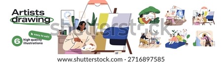 Artists drawing set. Art men and women are painting on easel. Painters create pictures on canvas, graffiti on walls and paint still life, views. Flat isolated vector illustrations on white background