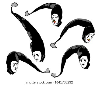 Artists head in a clown makeup and a clownish cap. Isolated image on a white background