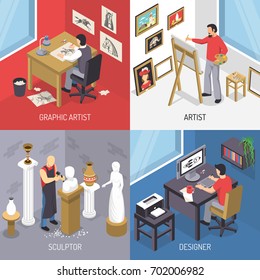 Artists isometric design concept including painting and graphic drawing, sculpture and computer design isolated vector illustration 