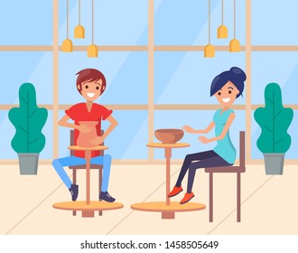 Artists learning to make pots from clay vector, man and woman students in university. Boy and girl, pottery hobby of people smiling sitting on chairs. Flat cartoon