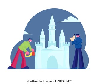 Artists Making Transparent Castle Sculpture In Ice Town, Couple Of Men Working With Chainsaw And Hammer For Building Beautiful Palace For Winter Holidays Fair Exhibit. Cartoon Flat Vector Illustration