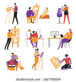 Artists, men and women, writer and potter, sculptor, artists and model isolated icons vector. Seamstress and writer, sculpture and picture. Pots and computer, men or women, clay and paintbrush