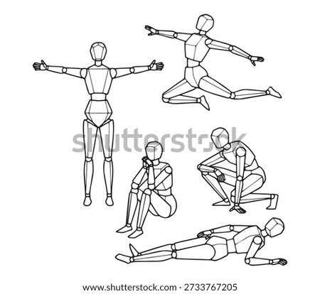 Artists model mannequins, dynamic poses, drawing and sketching, art study, figure
