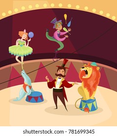 Artists on circus stage. Lion tamer. Juggler with maces balancing on high wire. Woman standing on fur seal s nose with ball in hand. Cartoon characters of people and animal.