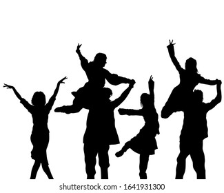 Artists on stage dance and raise their hands up. Isolated silhouettes on a white background