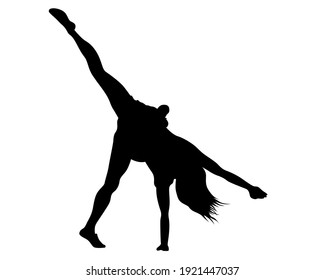 Artists on stage dance and raise their hands up. Isolated silhouettes on a white background
