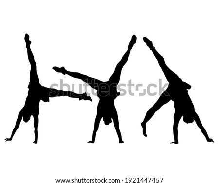 Artists on stage dance and raise their hands up. Isolated silhouettes on a white background
