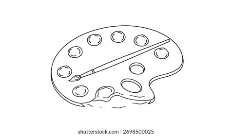 An artist's paint palette with multiple color wells and a paintbrush resting on its surface, presented as a black and white line art drawing.