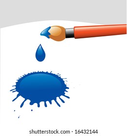 artist's paintbrush and blue ink blot, vector illustration