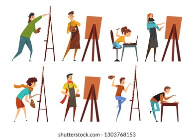 Artists painting on canvas set, painter characters vector Illustrations