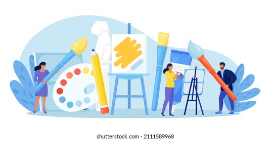 Artists painting with palette and brushes at easel. Art studio, open art classes, modern arts gallery. Watercolor or oil painting, creative hobby, workshop. People creating traditional artworks 