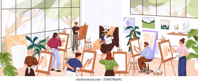 Artistas pintando bodegones en lienzo durante la clase de arte con vista panorámica. La gente feliz estudia a dibujar con pintura en caballete en la lección. Hombres y mujeres creativos trabajan juntos. Ilustración vectorial plana