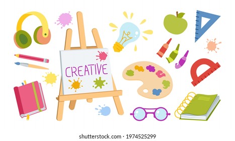 Artist's painting supplies hand drawn cartoon set. Watercolor palettes, brushes, wooden palette and easel, tubes with acrylic paint. Headphones, school ruler, apple, glasses and paint palette vector