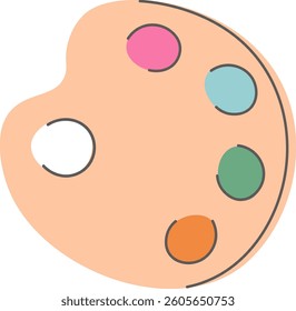 An artist's palette with five distinct paint blobs in a simple, flat style. The illustration depicts a painter's tool with circular paint spots arranged on a rounded surface