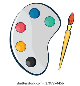 Artist's palette with paints and brush. Painting set. Isolated. Back to school theme. Flat vector illustration.