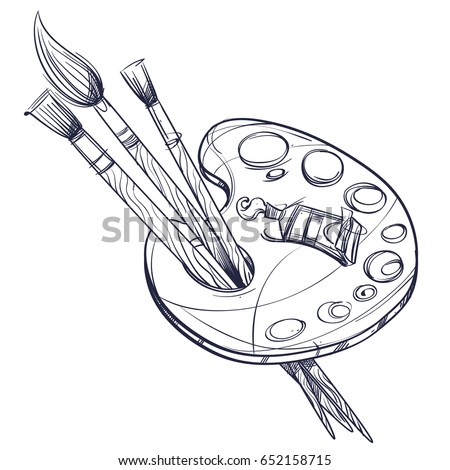 Artist's palette with paints and brushes. Black and white vector illustration for posters, coloring books and other items.