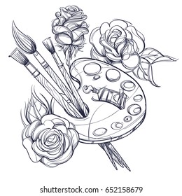 Artist's palette with paints, brushes and roses. Black and white contour vector illustration for posters, coloring books and other items.