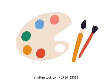 Artist's palette and paints different colors   brushes paintbrushes  Top view painter's tools isolated white background  Hand drawn flat vector illustration