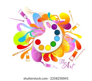 Artist's palette with paints of different colors and brushes or paintbrushes. Top view of painter's tools isolated on white background. Vector illustration