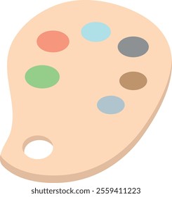 Artist's palette with six paint colors: red, light blue, dark gray, green, brown, and light gray. Light beige palette with thumb hole on the left side.