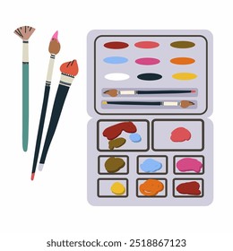 Artist's palette, watercolor paints, acrylic paints, gouache with paints of different colors and brushes. Top view of artist's tools isolated on white background. Hand drawn flat vector illustration