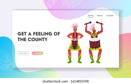 Artists with Percussion Instruments Website Landing Page. Rio Carnival Musicians in Feather Clothing Playing Drums at Traditional Festival in Brazil Web Page Banner. Cartoon Flat Vector Illustration