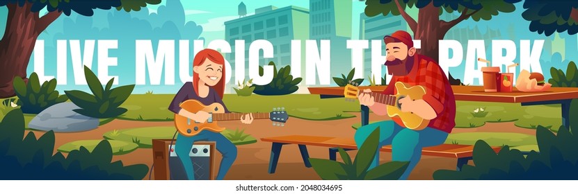 Artists play live music in park cartoon banner. Singers man and woman playing guitars and singing song at public garden, outdoor musical performance, friends having fun on picnic, Vector illustration