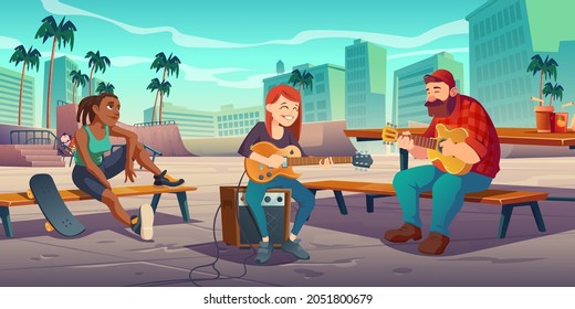 Artists play live music in urban skate park. Singers man and woman playing guitars singing song at public rollerdrome with teens on skateboard, outdoor musical performance, Cartoon vector illustration