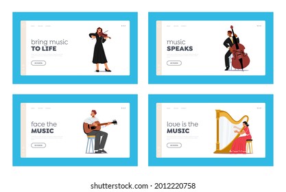 Artists Playing Classical Music Landing Page Template Set. Musicians with String Instruments Perform on Stage with Harp, Violin, Contrabass, Guitar and Balalaika on Scene. Cartoon Vector Illustration