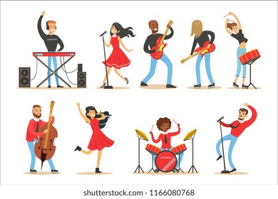 Artists Playing Music Instruments And Singing On Stage Concert Set Of Musicians Cartoon Vector Characters